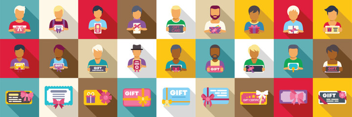 Man hold gift certificate icons set. Diverse group of people holding various gifts, gift cards, and certificates, celebrating special occasions