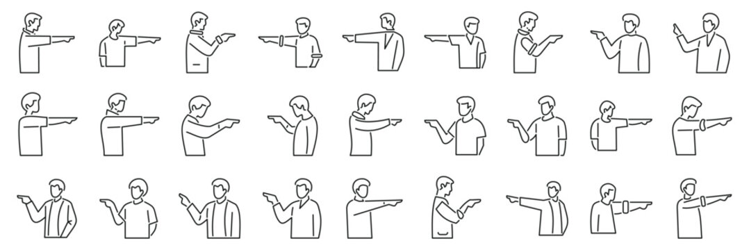 Man pointing finger forward icons set. Line art icons of people pointing their fingers in various directions, symbolizing showing, indicating, choosing, or accusing