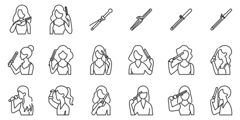 Woman curling iron icons set. Women styling their hair using a curling iron, creating various hairstyles, depicted in a set of line icons