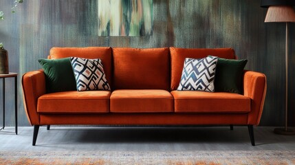 Retro three-seater sofa in burnt orange fabric with geometric cushions on a vintage rug