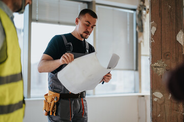 A construction worker in safety overalls reviews blueprints while standing in a partially renovated...
