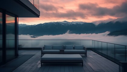 Fototapeta premium Panoramic mountain vista from a modern rooftop terrace.