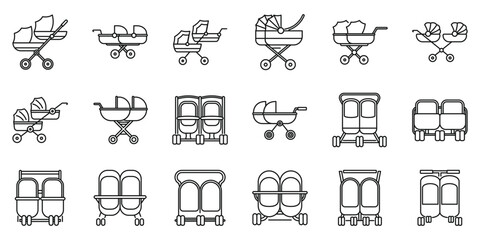 Fototapeta premium Double pram icons set. Collection of linear baby stroller icons showcasing diverse designs for newborns, infants and toddlers, including single and double strollers