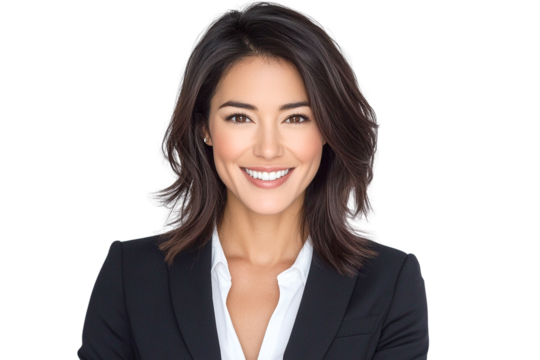Smiling businesswoman portrait, shoulder-length brunette hair, black suit jacket, white shirt, transparent background
