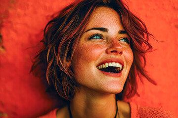 Smiling woman with short hair against vibrant orange wall expressing joy and happiness