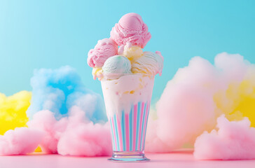 Tall glass filled with colorful scoops of ice cream surrounded by fluffy clouds creates dreamy scene