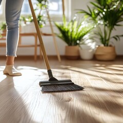 Woman sweeping wooden floor