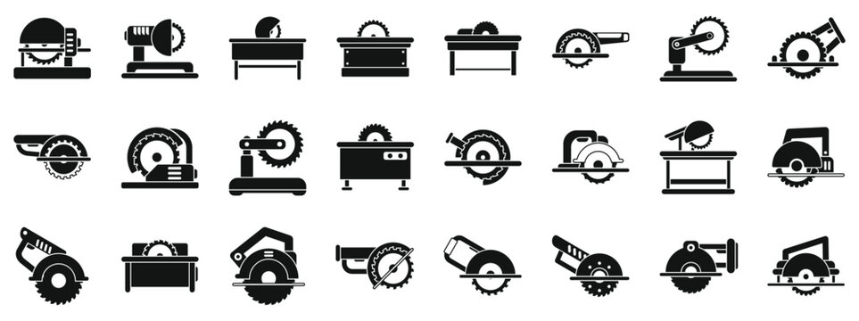Circular saw machine icons set. Set of circular saw blades for cutting wood and table saws used in woodworking and carpentry