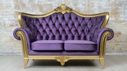 Victorian-style high-back settee with luxurious purple upholstery and gold trim