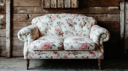 Vintage floral fabric sofa with elegant curves and short legs set in front of an aged wood wall