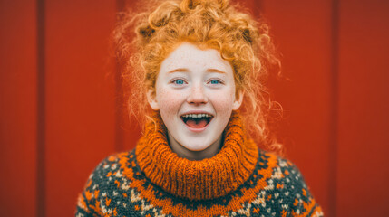 Young girl with curly red hair wearing a cozy sweater smiling joyfully against a vibrant backdrop