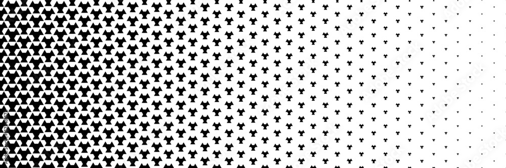 Poster horizontal halftone of black triangle and hexagon design on white for pattern and background.