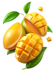 3D Realistic Mango with Sliced Cubes and Leaves – Tropical Fruit Illustration on Transparent Background