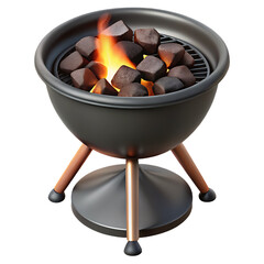 3D Charcoal BBQ Grill with Burning Fire – Realistic Barbecue Illustration on Transparent Background