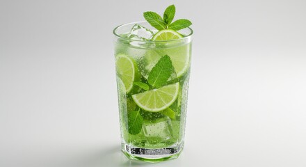 Mojito Cocktail Refreshment with Lime and Mint Leaves in Clear Glass with a Sparkling Effect on White Surface