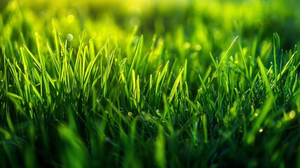Fototapeta premium Close-up view of vibrant green grass under warm sunlight showcasing nature's beauty in a tranquil setting