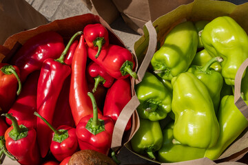 Two brown paper bags juxtaposed, one filled with brilliant red bell peppers and long sweet peppers, and the other with fresh green bell peppers, showcasing colorful market produce