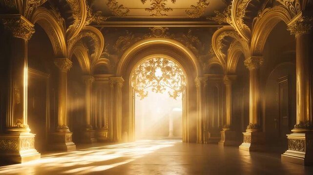 Dramatic view of golden interior with archway and light effects suitable for backgrounds or visual effects.