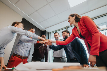 Team members enthusiastically work together on a shared project, showcasing teamwork and...