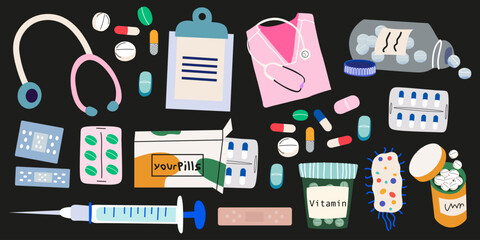 Medicines pills and capsules in cartoon retro style. Set of pharmaceutical elements for a pharmacy. Medicine concept. Hand drawn medical stickers