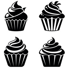 Set of Four Cupcake Illustrations with Creamy Frosting in Black and White Style