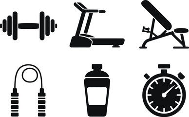 Fototapeta premium Gym equipment vector set dumbbell treadmill bench jump rope shaker stopwatch fitness workout training 100 editable stock vector illustration