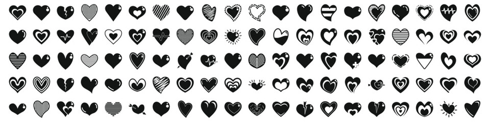 icons set. Black and white heart icons showing different emotions, health conditions, and relationship statuses