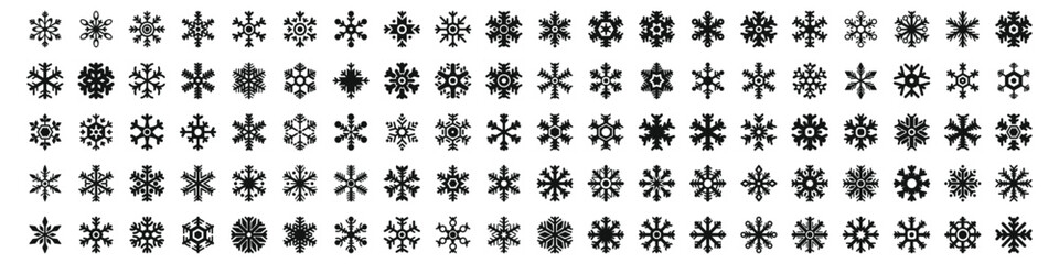 icons set. Simple black snowflakes falling during a winter blizzard, isolated on white background