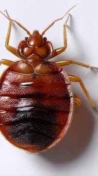 Detailed macro shot displaying a bed bug's anatomy and exoskeleton, highlighting its color and unique features on clean white background.