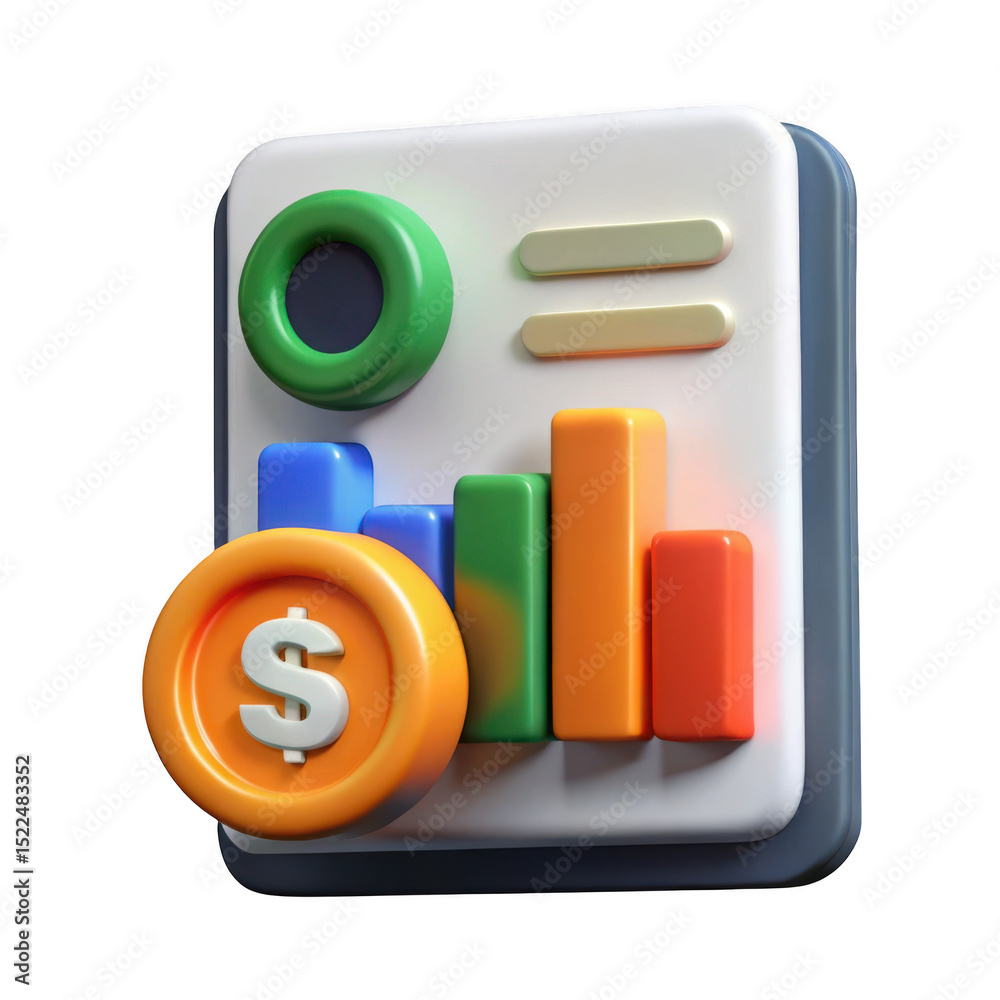 Poster 3d colorful finance app icon with chart and coin isolated on transparent background