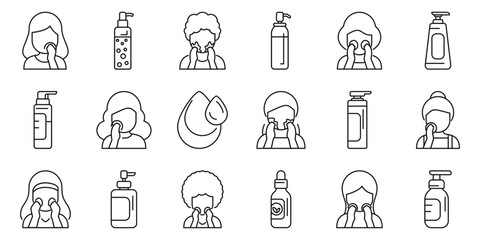 Hydrophilic oil icons set. People using different cosmetic products for skincare routine, washing and cleaning their faces