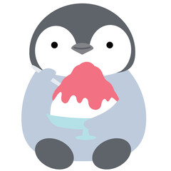 かき氷とスプーンを持つ笑顔の座っているペンギン　シンプル　かわいい 動物とデザート 　ベクターイラスト