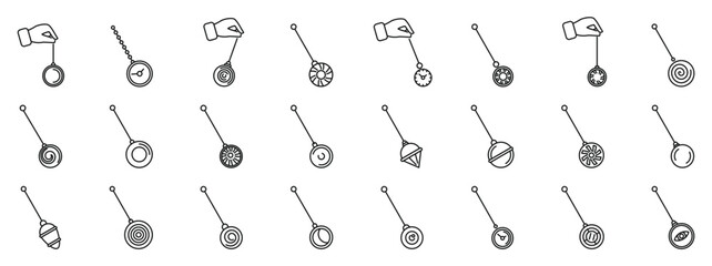 Swinging hypnosis pendulum icons set. Exploring the principles of oscillation and gravity with various pendulum designs, perfect for educational resources and physics concepts