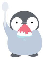 かき氷とスプーンを持つ笑顔のペンギン　いちご味　シンプル　かわいい 動物とデザート 　ベクターイラスト