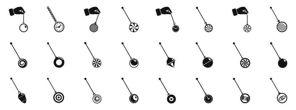 Swinging hypnosis pendulum icons set. Collection of diverse pendulum illustrations for hypnosis concept