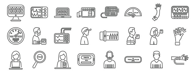 Lie detector test icons set. Polygraph, lie detector, biofeedback, neurofeedback, truth detection test, and related technologies are depicted in this set of icons © anatolir