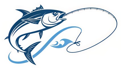 A modern blue icon for guided fishing trips, showing a stylized tuna jumping toward a curved fishing line in minimalist vector style.