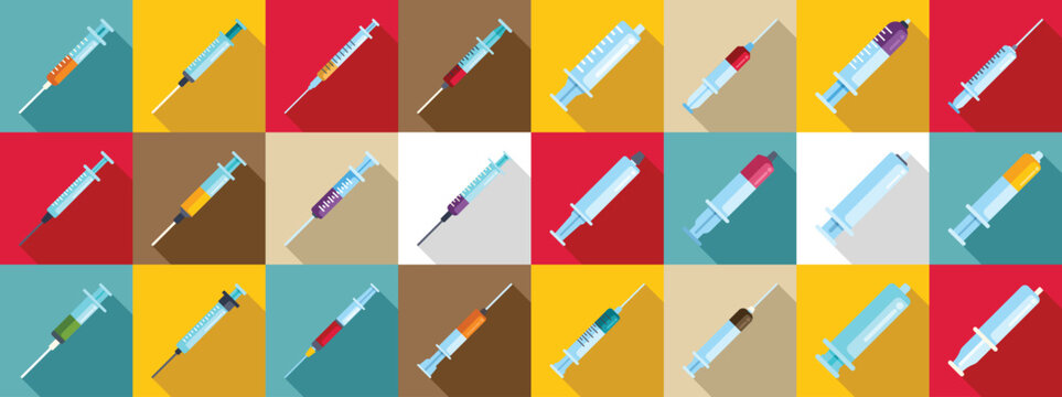 Plastic syringe icons set. Diverse syringes displayed in a vibrant grid pattern