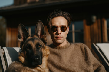 Young caucasian male relaxing outdoors with german shepherd dog in sunglasses