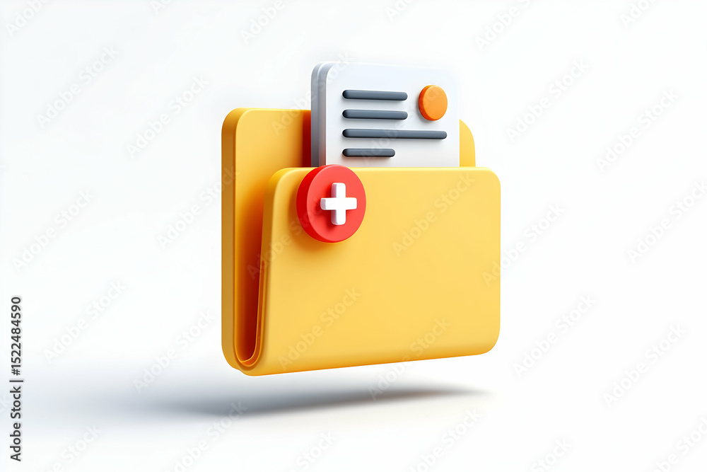 Poster 3D Render of Yellow Folder Icon with Add Button and Document for Data Storage and File Management