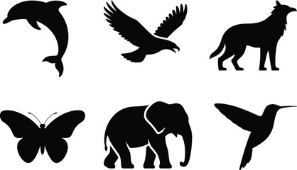 Obraz premium Vector animal silhouette set dolphin eagle wolf butterfly elephant hummingbird illustration clip art 100 editable stock vector illustration