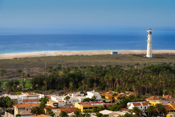 Beautiful panoramic view of Morro Jable Beach in Fuerteventura, Canary Islands, with iconic...
