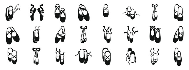 Ballerina footwear icons set. Collection of various pointe shoe icons, showcasing different styles and positions, ideal for dance related projects