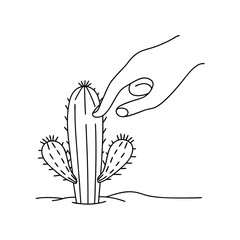 Minimalist line drawing of a hand about to touch a spiky cactus plant with white background