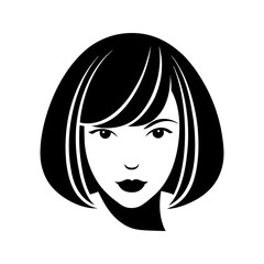 Woman face icon black and white bob haircut isolated on transparent background