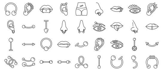 Fototapeta premium Piercing jewelry icons set. Diverse piercing jewelry styles showcased, highlighting popular trends in body modification