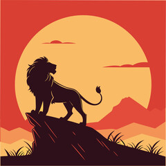 Majestic lion silhouetted against a fiery sunset, perched atop a rocky outcrop in the african savanna