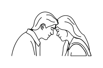 Fototapeta premium Simple black and white illustration depicting a loving couple touching foreheads together