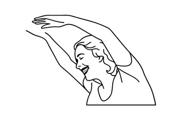 Simple line drawing of a smiling woman stretching with arms reached overhead
