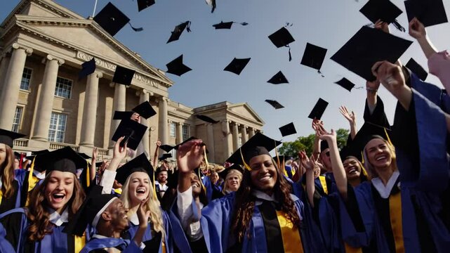 Diverse group of graduates joyfully throwing graduation caps, celebrating academic achievement and shared milestone of educational success
